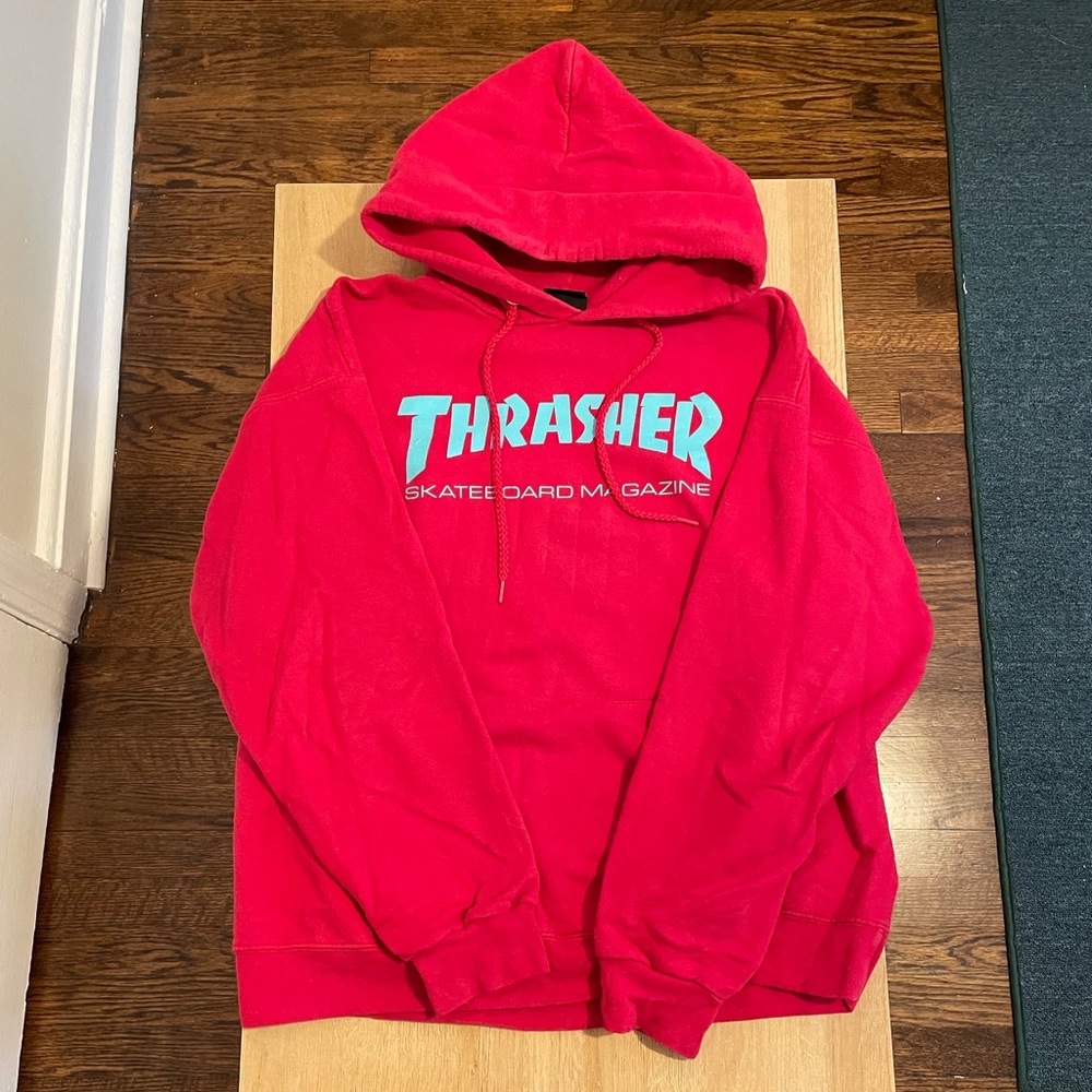 Red thrasher hoodie with blue text